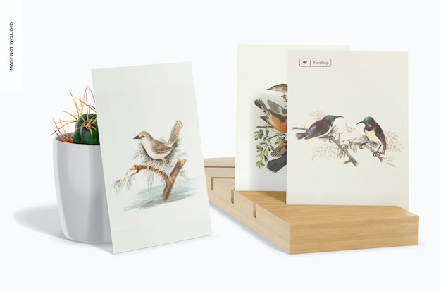 A5 postcard on wood stand mockup, leaned