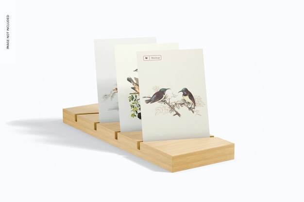 A5 postcard on wood stand mockup, perspective view