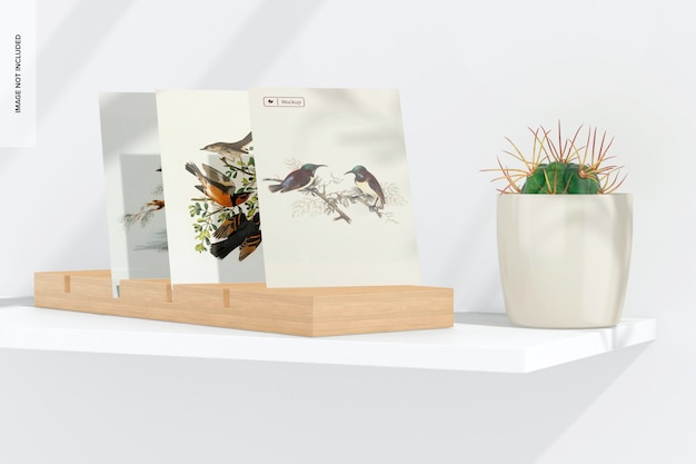 PSD a5 postcard on wood stand mockup