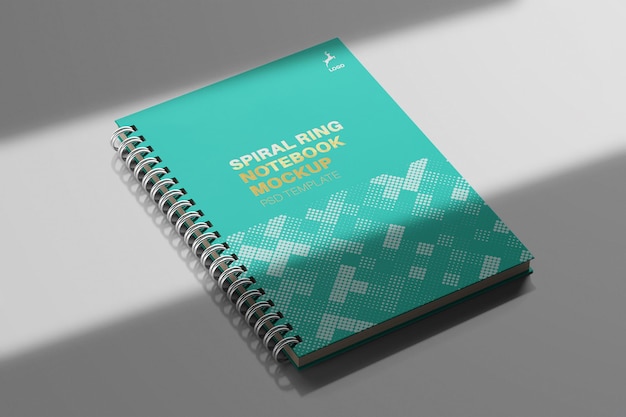 A5 spiral ring binder notebook realistic mockup template with shadow overlay