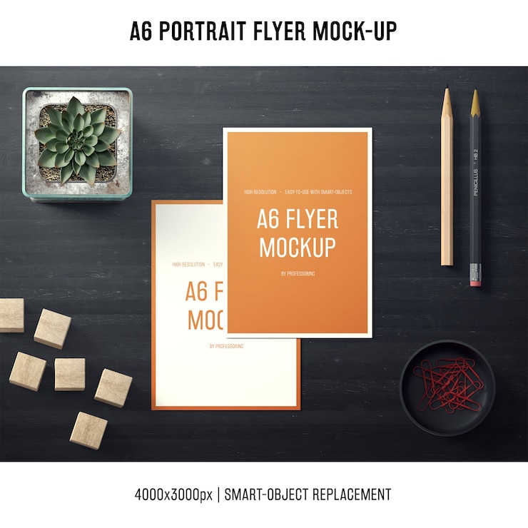 PSD a6 portrait flyer mock-up with pencils