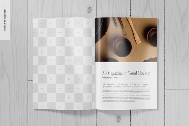 PSD a6 tijdschrift op hout mockup top view