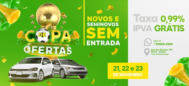 Aanbieding bekerbanner in 3d render voor marketingcampagne in brazilië in het portugees