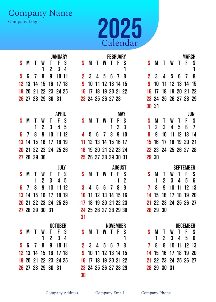PSD aanpasbare kalender voor 2025