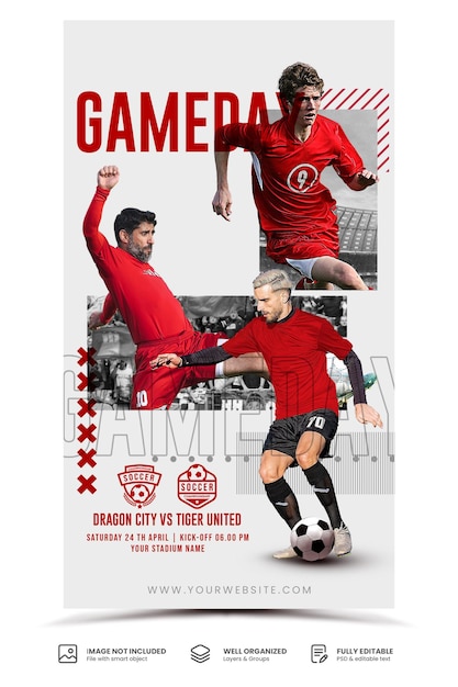 PSD aanpasbare postersjabloon voor voetbalspelers voor a4 en online platforms