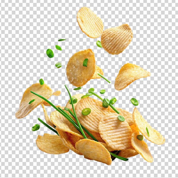 PSD aardappelchips met groene toppings op doorzichtige achtergrond