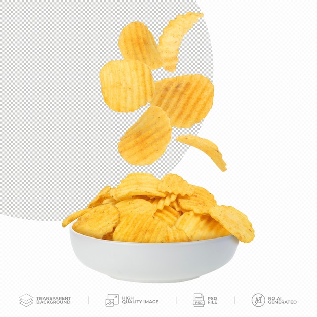 Aardappelchips vallen in een schaal op een doorzichtige achtergrond