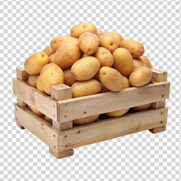 PSD aardappelen op een houten kist op een doorzichtige achtergrond