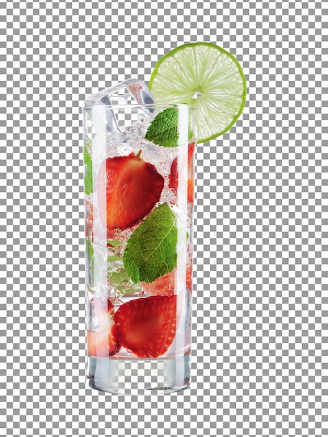 Aardbeiencocktaildrank met schijfje limoen en ijsblokjes op transparante achtergrond