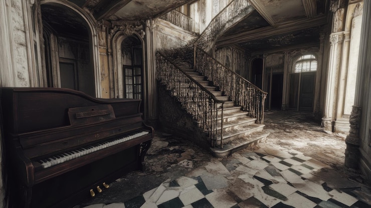 PSD abandoned interior with staircase and piano
