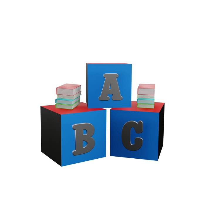 PSD abc küpü ve kitaplar simgesinin 3 boyutlu çizimi