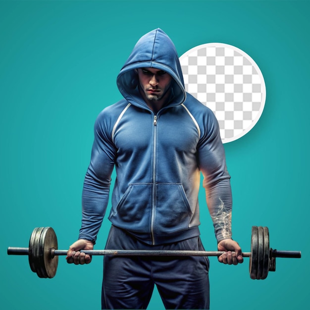 PSD abdominal man in a blue hoodie holds barbell png