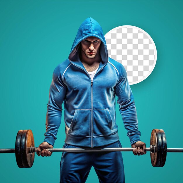 PSD abdominale man in een blauwe hoodie houdt barbell png