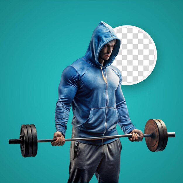 Abdominale man in een blauwe hoodie houdt barbell png