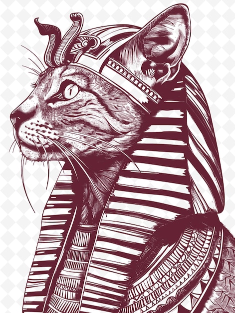 PSD abessijnse kat in een farao hoofdstuk op zoek naar koninklijke en exotische dieren sketch art vector collecties