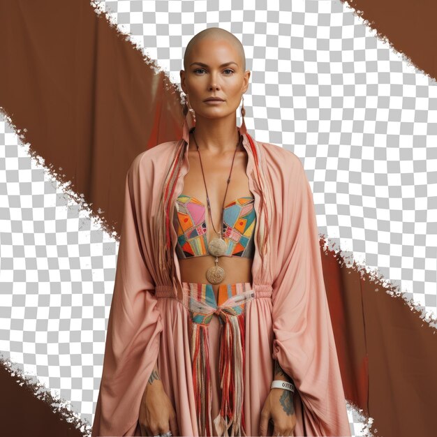 PSD aboriginal australian producer stylish bald woman poseert in een volle lengte jurk tegen een koraal achtergrond