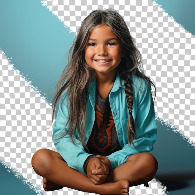 PSD aboriginal girl preschoolers joyful pose in broadcaster attire on pastel turquoise background