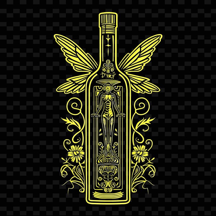 PSD absinthe bottle logo with a green fairy and an art nouveau d png tropical inspired drink designs