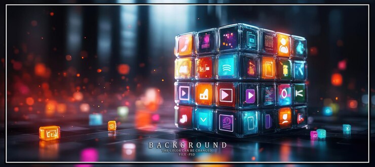 PSD abstract 3d cube with glowing app icons