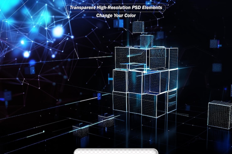 PSD abstract 3d rendering of a flying cube sci fi shape in empty space
