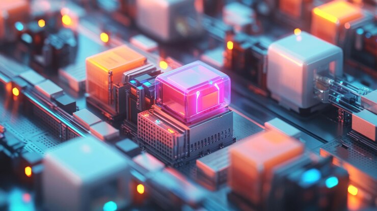 PSD abstract 3d rendering of glowing cubes and circuits