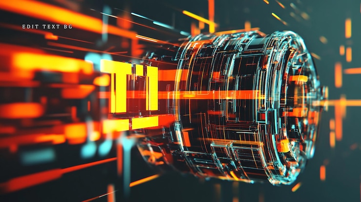 PSD abstract 3d rendering of a transparent glass technological object with glowing orange lines and digital elements