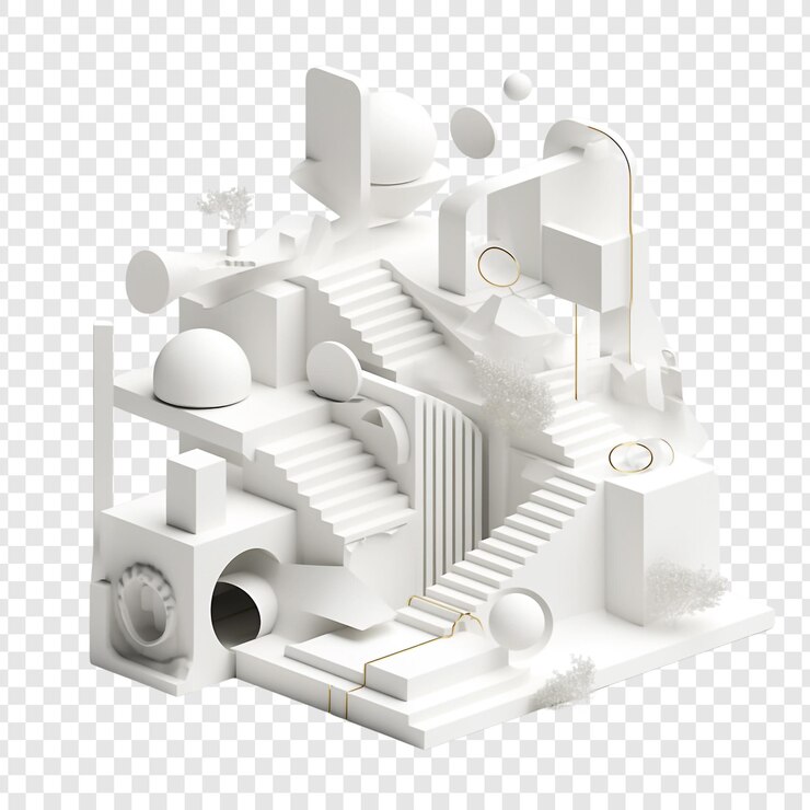 PSD abstract 3d white architectural composition with geometric shapes and stairs