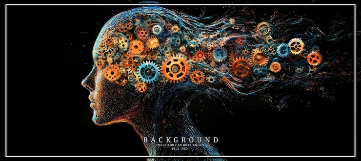 PSD abstract art of a head with gears swirling around it