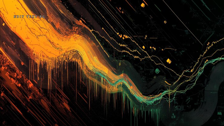 PSD abstract art of orange teal and black paint streaks and drips on dark background