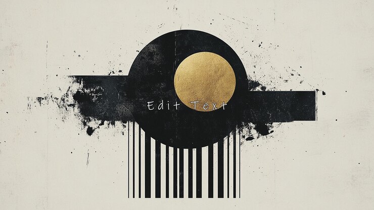 PSD abstract art with gold circle black shapes and barcode