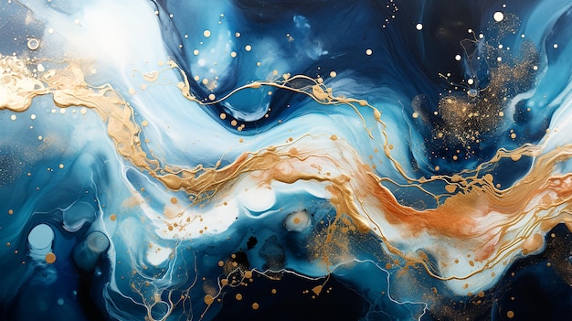Abstract artistic background blue and gold abstract painting on a luxurious marble acrylic backgroun