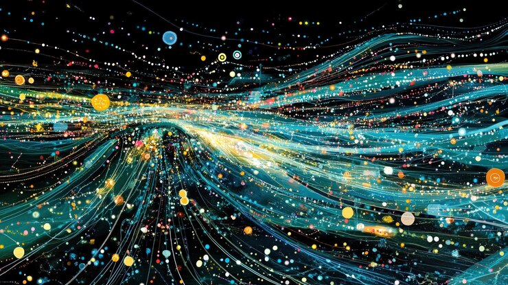 PSD abstract background with colorful lines and dots resembling a cosmic scene