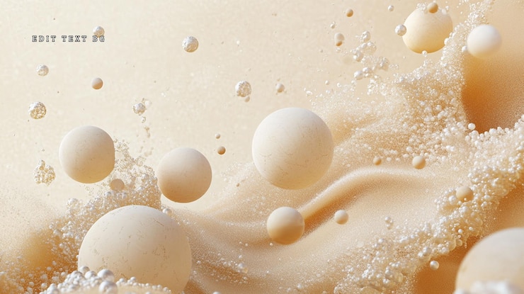 PSD abstract beige liquid with floating spheres and bubbles