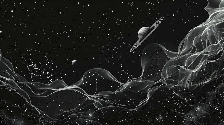 PSD abstract black and white illustration of a planet with rings in the night sky with glowing white clouds