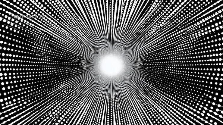 PSD abstract black and white tunnel of light with dotted lines converging to a bright center