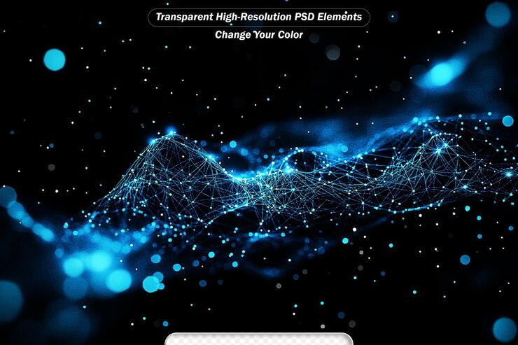 PSD abstract blue glowing energy waves from particles and magical dots with blur effect on dark background