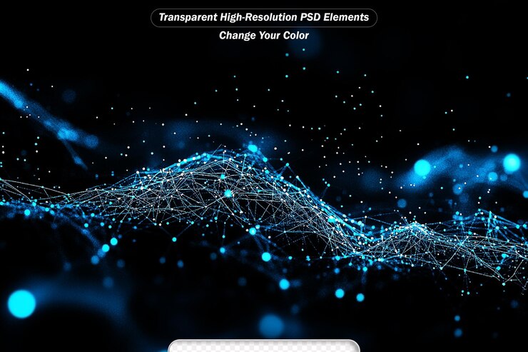 PSD abstract blue glowing energy waves from particles and magical dots with blur effect on dark background