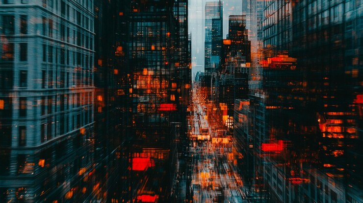 PSD abstract city street at night blurred lights and buildings