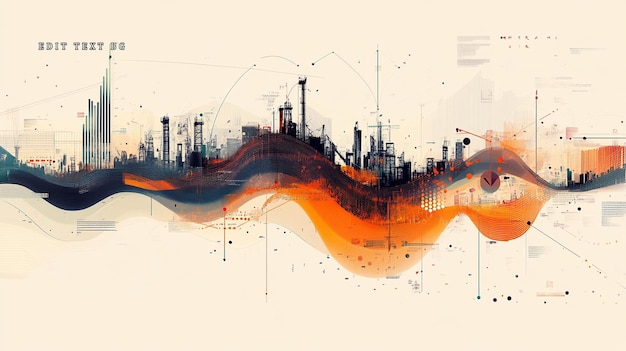 abstract cityscape on a flowing orange wave with data visualization elements