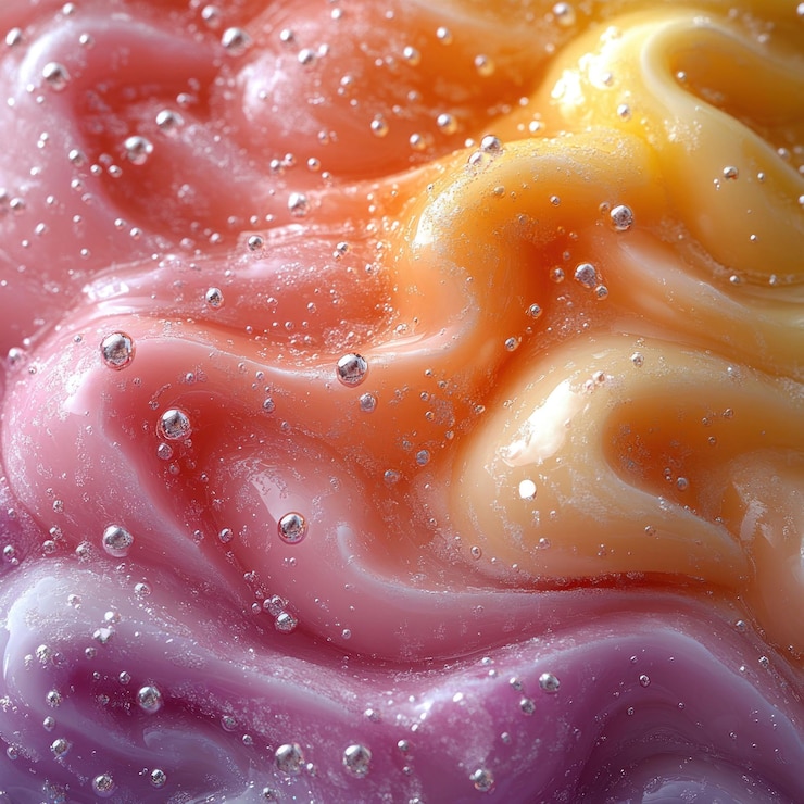 PSD abstract closeup of a colorful swirling liquid with bubbles