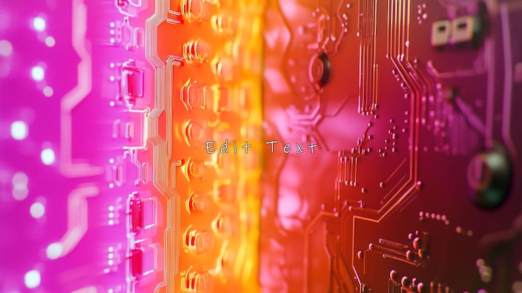 PSD abstract closeup of vibrant circuit board with glowing components