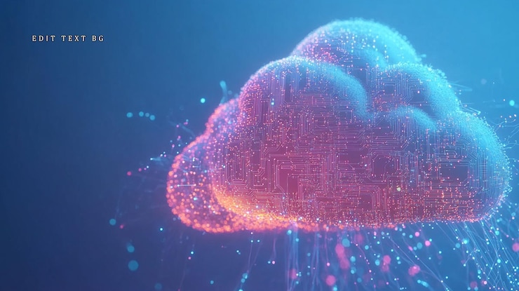 PSD abstract cloud computing concept with glowing particles and circuit board design