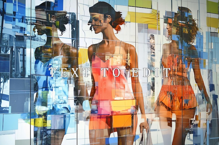 PSD abstract collage artwork featuring three female figures in swimwear showcasing vibrant colors and geometric shapes