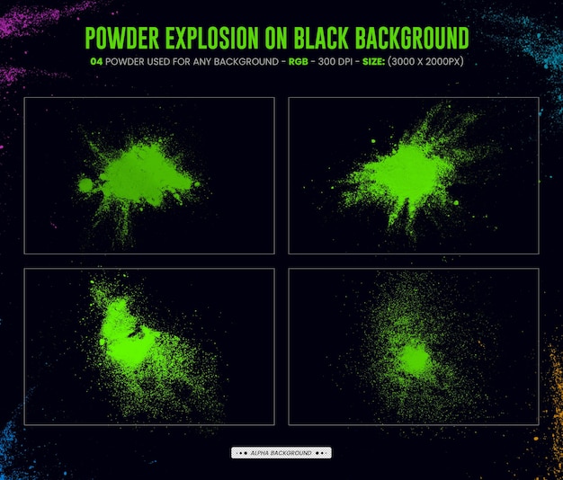 PSD abstract colored dust and explosions of color powder paint dust with particles