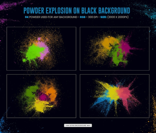 PSD abstract colored dust and explosions of color powder paint dust with particles