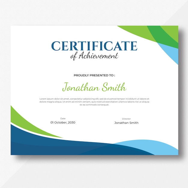 PSD abstract colored green and blue waves certificate design template