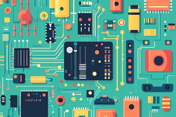 PSD abstract colorful illustration of a circuit board with various electronic components