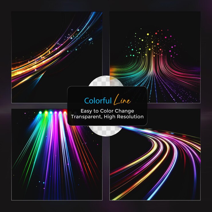 PSD abstract colorful neon glowing lines set on transparent background