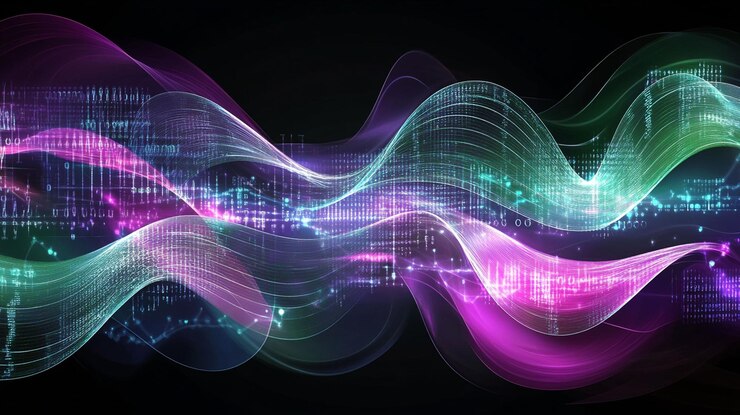PSD abstract colorful wave digital data flow