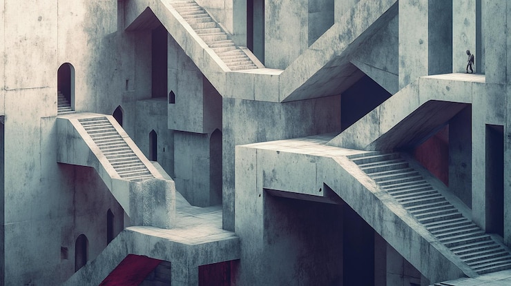PSD abstract concrete structure with complex staircases and a lone figure